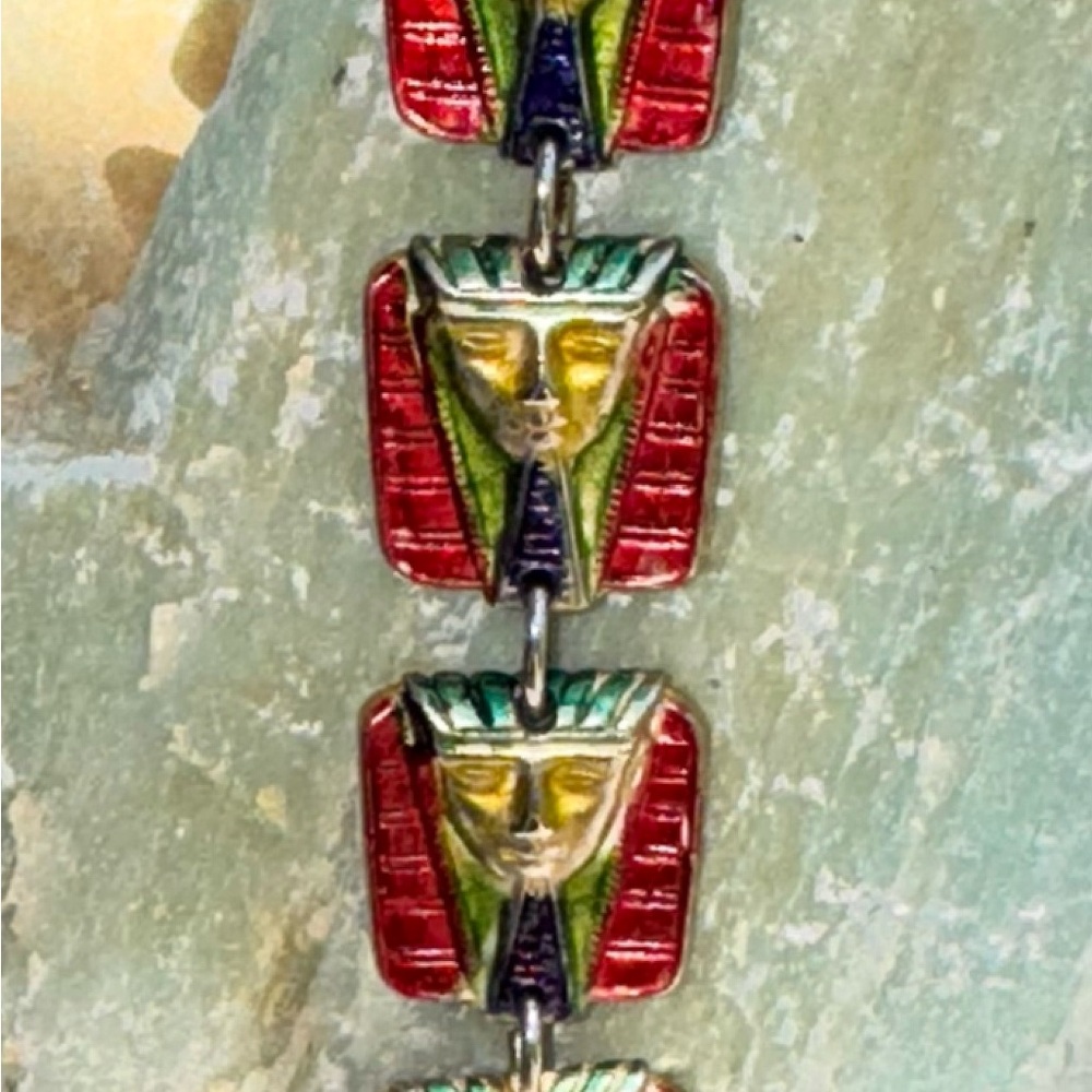 RARE Vintage Pharaoh Face Link Bracelet – Vibrant Enamel Egypt Revival Piece